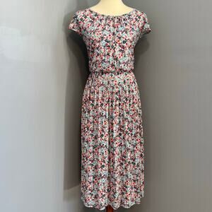 LOFT Floral Print Cinched Waist Midi Dress Boho Cottagecore Pink,Women's Size XL
